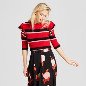 WHO WHAT WEAR Red Pink Black Stripe Ruffle Sweater